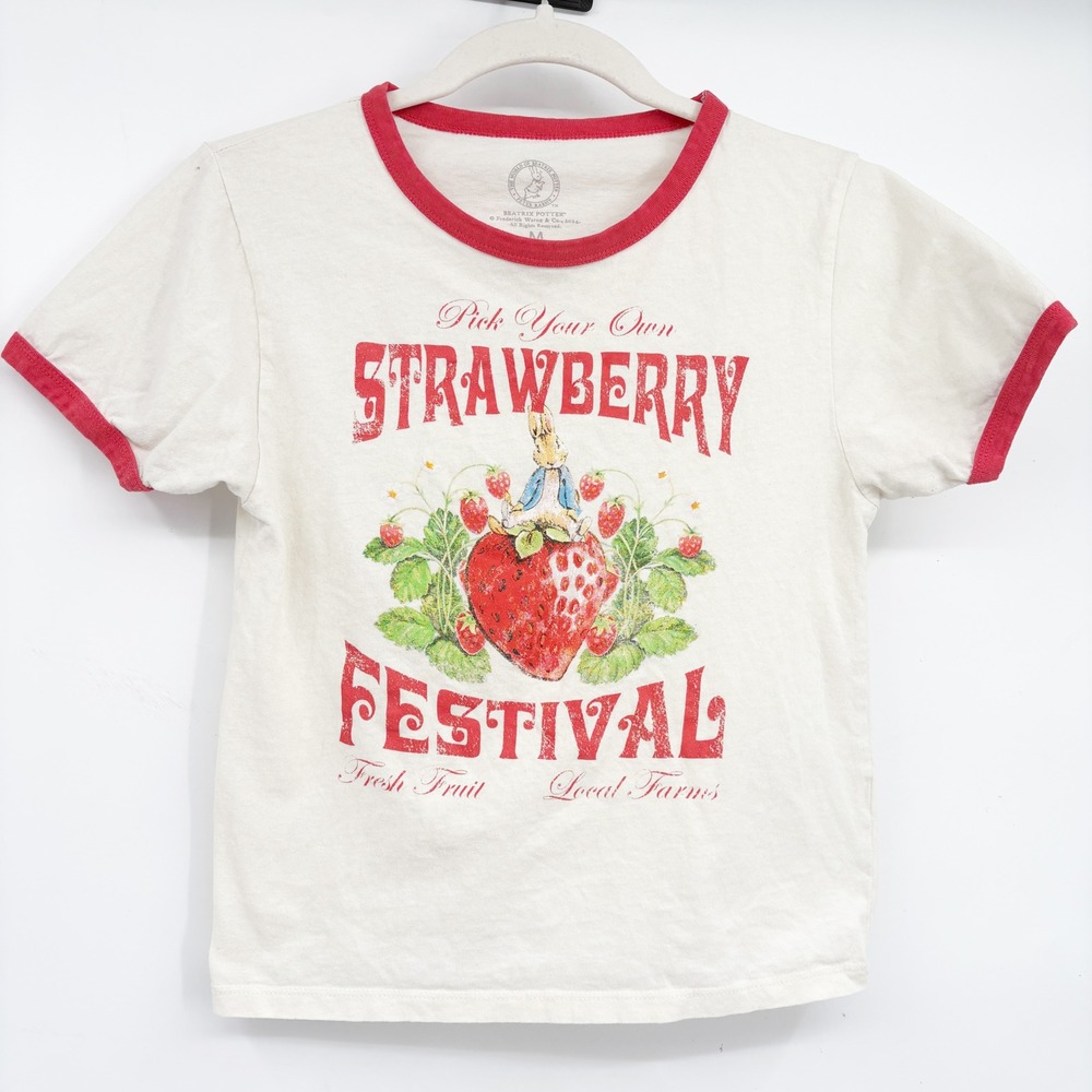 Beatrix Potter Womens Peter Rabbit Strawberry Festival Cottagecore Ringer Tee M